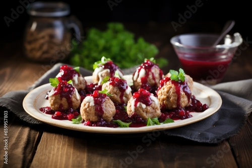 swedish meatballs with lingonberry sauce on a rustic wood table