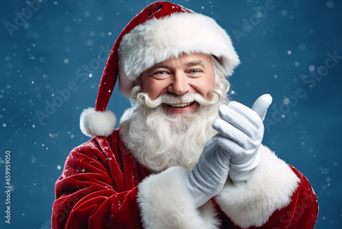 Old man in Santa Claus costume smiling and clapping hands isolated on blue background, Christmas background with copy space.