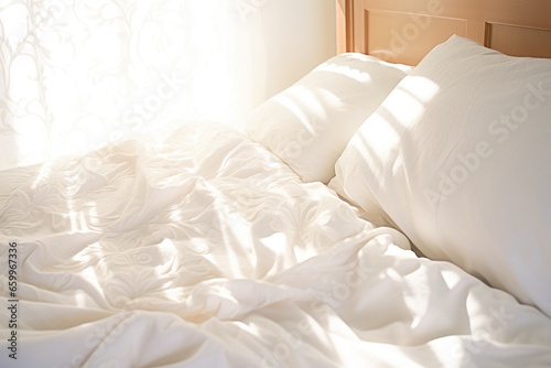 sunlight casting soft shadows on a pure white bedspread