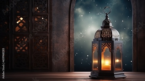 Islamic Greeting Cards for Muslim Holidays. Ramadan Kareem background.Eid Mubarak, greeting background with lantern.Mosque window