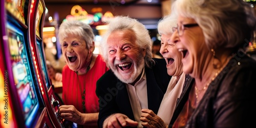 A group of lively seniors gathered around a slot machine in a casino, awaiting the outcome with bated breath, concept of Thrilling anticipation