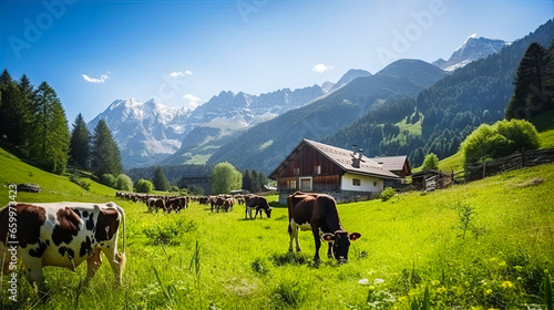 Beautiful Alps landscape with village, green fields and cows at sunny day. Swiss mountains at the background. 