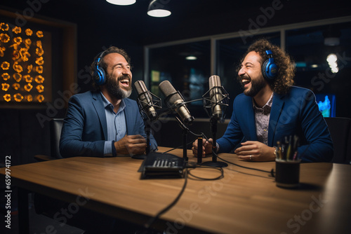 With their podcast logo displayed on a screen behind them, the hosts exchange witty banter, keeping their audience entertained in their high-tech studio. 
