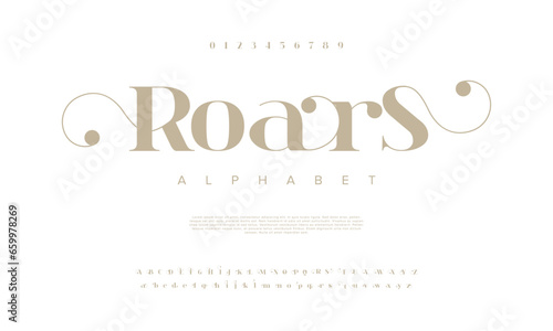 Roars premium luxury elegant alphabet letters and numbers. Elegant wedding typography classic serif font decorative vintage retro. Creative vector illustration