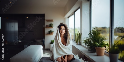 Beautiful woman at home wrapped in a terry towel with wet hair, concept of Relaxation