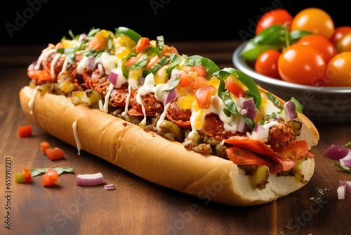 an overstuffed hot dog with lots of toppings