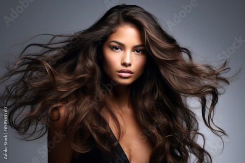 elite model with long hair posing for a hair care brand