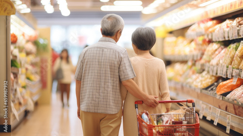 rear view of senior asian couple grocery shopping in supermarket, AI generated image