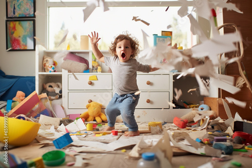 A playful hyperactive cute toddler misbehaving and making a mess in a kids room, throwing around things. Generative AI