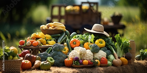 Hat standing near cart with fresh organic harvested vegetables and loading on truck against blurred agriculture fields