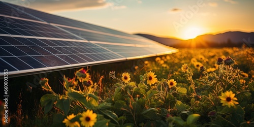 Solar panel at grass outdoor nature sunset sun landscape. Alternative eco power energy electricity.