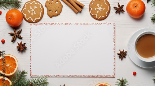 Christmas white paper mockup in a kitchen table decorated with biscuits oranges and recipe ingredients Generative AI Illustration
