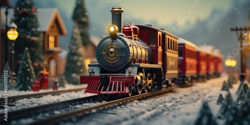 Festive Railroad: A Vintage Toy Train Moves Through a Tiny Christmas Scene.