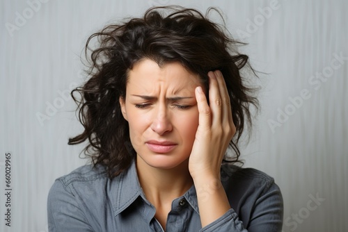 woman standing over isolated background suffering from headache desperate and stressed because pain and migraine. hands on head.