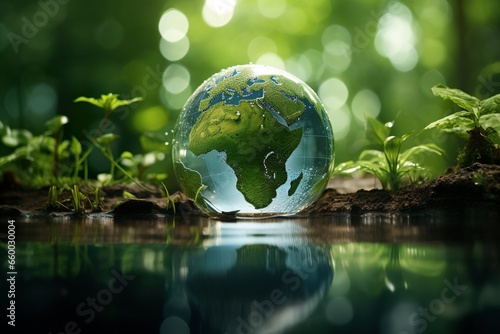the earth is out in space surrounded by leaves, in the style of layered translucency, light green and blue, ethical concerns, living materials, global influences, dynamic energy