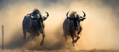 Wildebeest battle in dusty Kalahari South Africa With copyspace for text