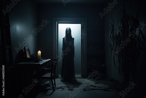 Scary photo of a room with a mysterious figure, horror image from a nightmare