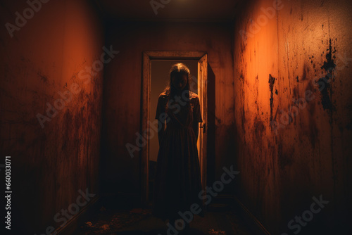 Scary photo of a room with a mysterious figure, horror image from a nightmare