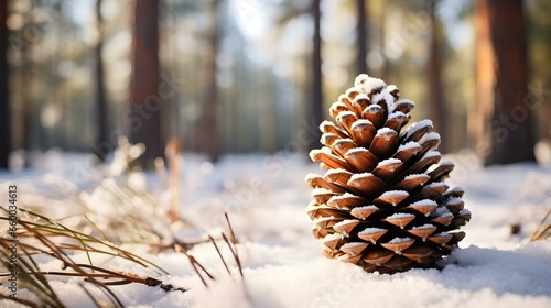 Close up of a Pine Cone in the Snow. Beautiful Winter Background