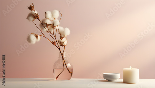 Vaso de flor e vela em uma mesa com um fundo moderno em tons de rosa