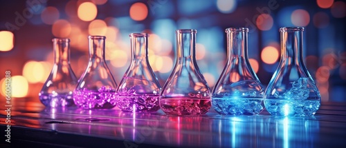 Bulb for the chemical sector with a test tube background in blue and magenta,.