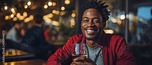 Portrait of a self-assured young Black man grinning at the camera while sitting on a couch and drinking red wine..