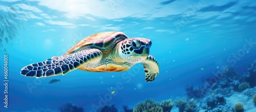Underwater hawksbill turtle in the ocean With copyspace for text