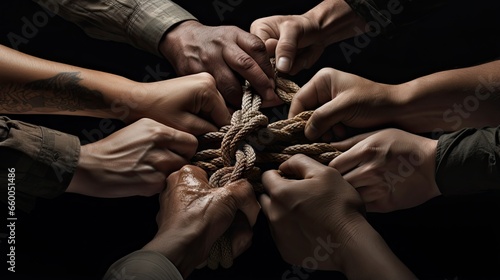 Group held together like interconnected ropes tied by a strong knot symbolizing unbreakable community trust and faith