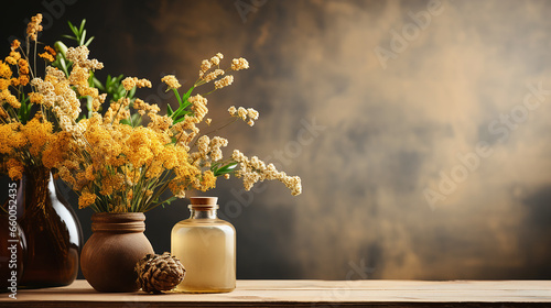 Still life composition on a table with medicinal plants and natural cosmetics