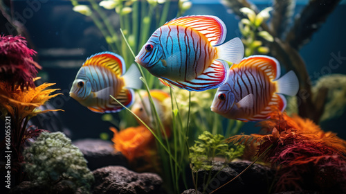 Aquarium fish Discus swim among algae and stones, corrals and underwater plants in an aquarium