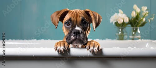 Adorable boxer dog patiently sitting in bathtub ready for bath