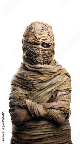 Studio shot portrait of scary mummy pose. halloween cosplay like a clamber acting. Isolated on Transparent background.