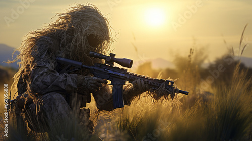 On the firing range, a sharpshooter in a ghillie suit takes aim with a high-powered rifle, the target downrange illuminated by bright sunlight. 