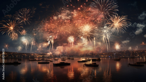 fireworks at night for New Year's Eve with reflection and with various colors in the sky