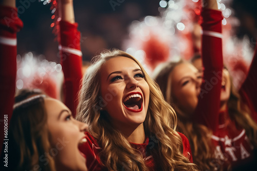 The portrait of a beautiful cheerleader, in a white and red uniform, with her teammates cheering a sport player at a stadium, Generative AI.