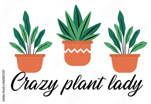 Cute cartoon succulent in pot illustration with crazy plant lady slogan for girl and kids tee t shirt or sticker 