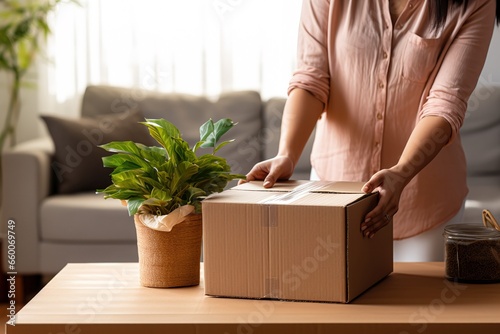 Woman unpacks items from boxes after moving
