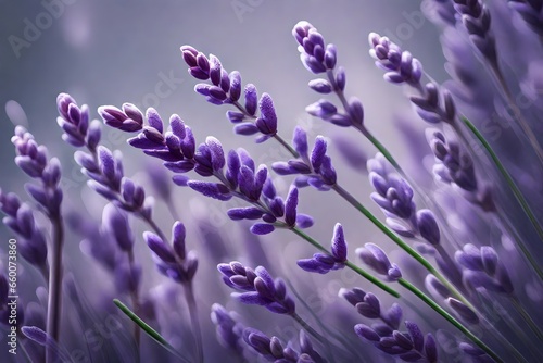 Create an AI-generated image of a close-up of a lavender sprig with two purple blooms and two narrow leaves