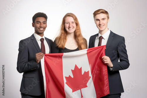 The Canadian flag as a banner of hope for emigrants seeking a bright future and education in this welcoming nation.