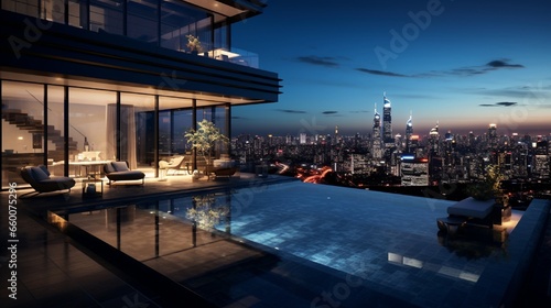 A sleek penthouse atop a skyscraper, a rooftop pool reflecting the city lights below.