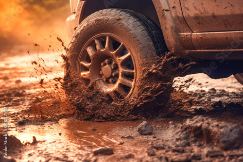 A thrilling scene showcasing a 4x4 vehicle navigating through the extreme terrain, with mud and dirt flying as it conquers the challenging road.