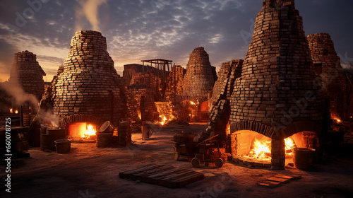 an industrial brick kiln, lit by the glow of burning firewood, with stacks of bricks ready for firing