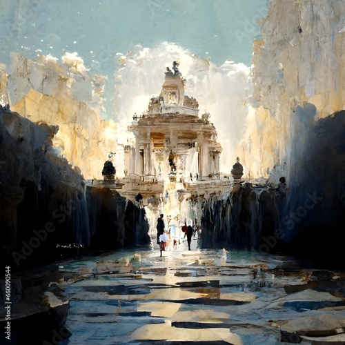 abstract Trevi fountain filled with pearls sunlight figurative people minimalist people 