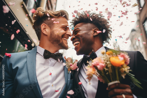 pareja de hombres abrazados y recién casados vestidos con traje de fiesta sobre fondo de ciudad desenfocado 