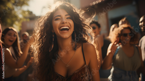 mujer latina celebrando en un lugar al aire libre con el sol en su rostro y una hermosa sonrisa en el Día de la Amistad 14 de febrero