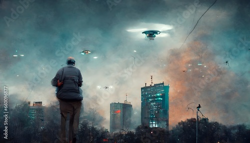 man escaping through the city surveillance cameras and drones besiege the city in an alien invasion realistic photo full of details 