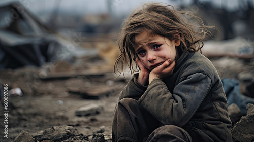 Homeless child crying for his family, Military soldiers killed her family and they destroyed their houses