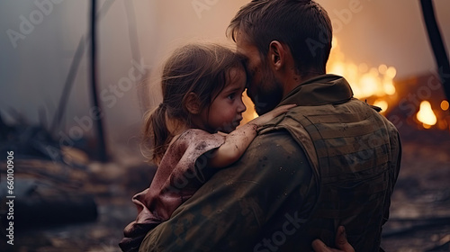 Soldier holds a child refugee little girl sad from being forced to flee her home. Child in the war conflict on the ruins, the concept of peace and war, sad child. Humanitarian disaster