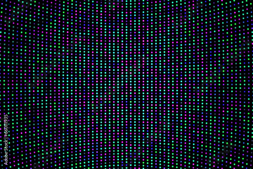 Concave LED screen with round purple, blue and green diodes. Black digital videowall background. Curved electronic TV panel. Vector illustration.