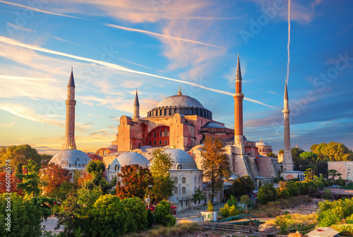 Hagia Sophia Mosque of Istanbul, colorful sunset view, Turkey